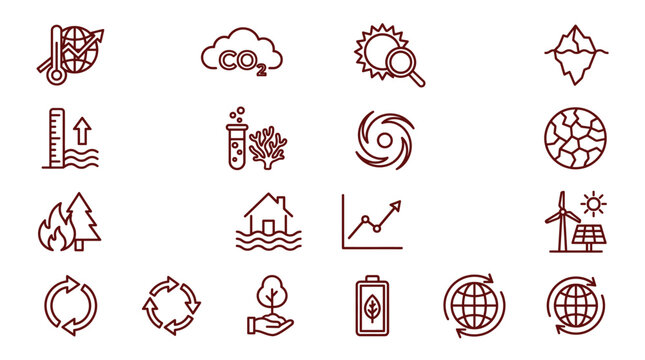 Global environmental sustainability and renewable energy icons representing climate change solutions and conservation efforts