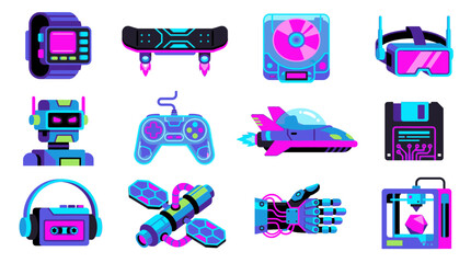 Retro cyberpunk gaming technology illustration collection featuring futuristic robots neon controllers helmets and sci fi gadgets © ASPR