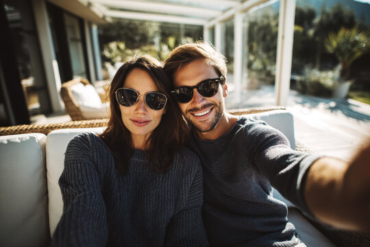 Happy Young Couple Taking Smartphone Selfie at Home .AI Generative
