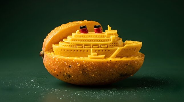 Stunning mango fruit carving shaped like vintage passenger ship vessel on dark background.