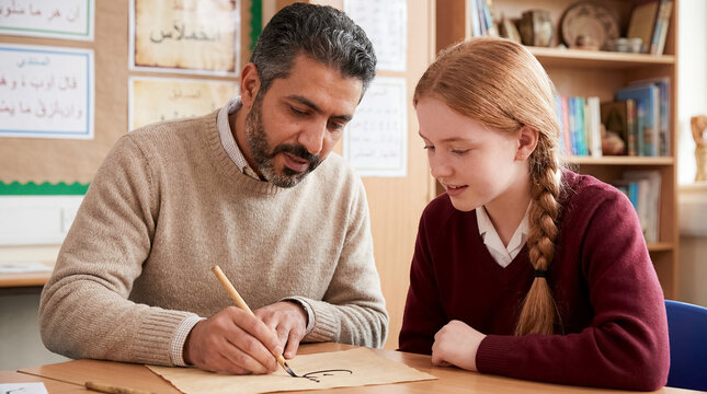 arabic language teacher student classroom education with egyptian american educator presence during cultural literacy and world language instruction creating student centered care trust