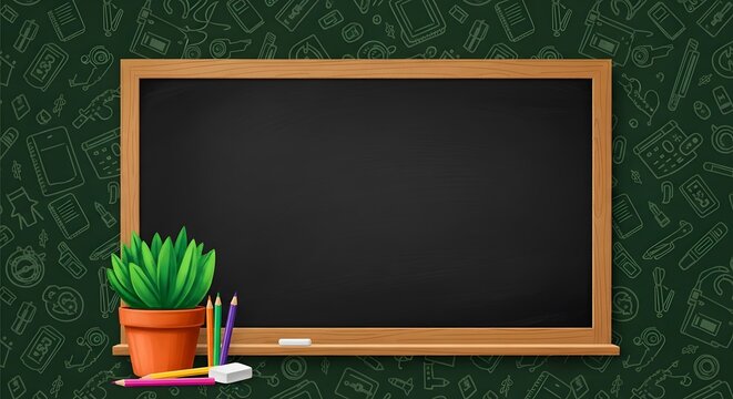 Happy teachers day greeting with empty chalkboard and school supplies