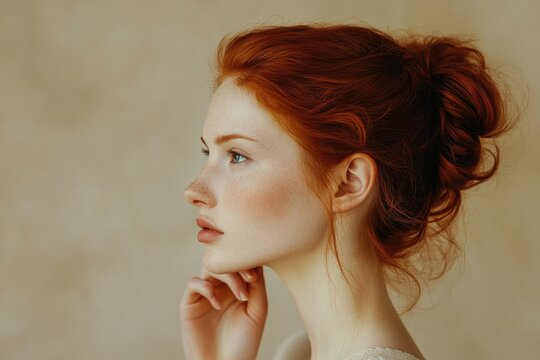 Profile portrait of a beautiful young woman with red hair and freckles