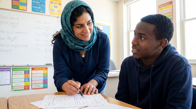 mathematics teacher student tutoring classroom education with pakistani american educator presence during problem solving and academic confidence creating student centered care trust representation