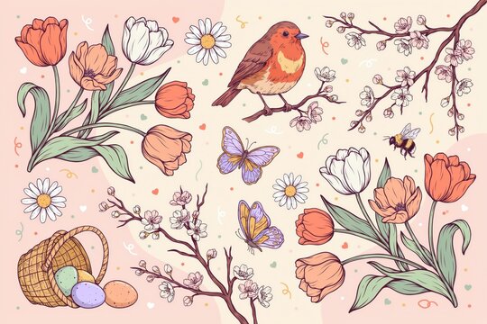 Springtime collection featuring tulips, daisies, cherry blossoms, a robin bird, butterflies, and an easter egg basket