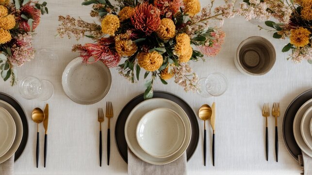 Overhead shot of a formally set table with floral centerpieces, gold flatware, and neutral-toned dishware
