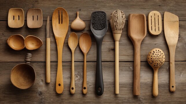 Overhead shot of assorted wooden kitchen utensils arranged on a weathered wooden surface. Includes spoons, spatulas, and various cooking tools