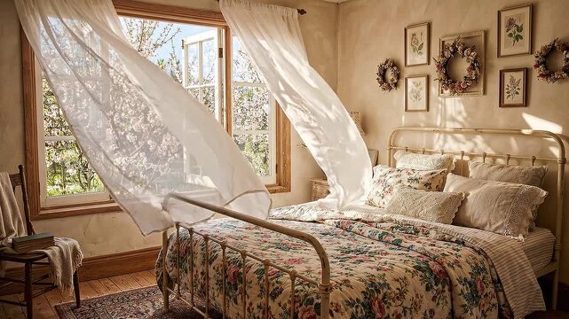 Slow pan tracking shot of bed and flowing curtains blowing through open window in sunlit rustic cottage bedroom conveying peaceful morning spring atmosphere