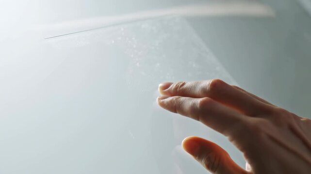Fingertip inspection of translucent rectangular panel with condensation texture under soft diffuse