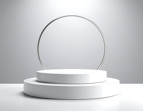 A minimalist white platform with a circular metal frame