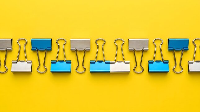 Colorful metal binder clips arranged on a bright yellow background