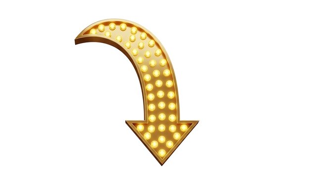 Golden, illuminated arrow curving downward, adorned with many small, bright lights