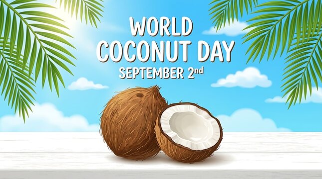 World coconut day concept with whole and half fruit, tropical