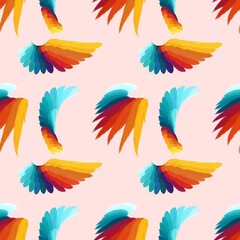 Obraz premium Seamless pattern with bright colorful wings on pink background