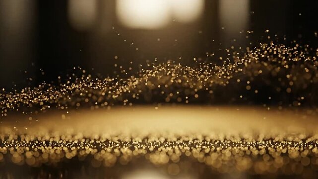 Shimmering golden bokeh particles on dark background