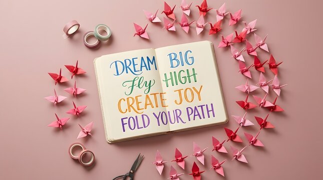 Inspirational quote on notebook with origami birds and crafting supplies on pink background