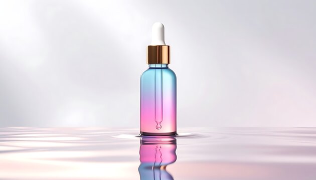 A pink and blue glass dropper bottle on a reflective surface