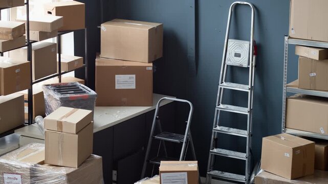 Wide shot of cardboard boxes and packages stacked on shelves and pallets in organized warehouse, camera slowly panning. Ideal for e-commerce, logistics, and supply chain business marketing videos