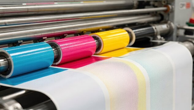 Detailed view of a fourcolor flexo printing process on a paper web showcasing precise ink layering and alignment in an inline press before coating.