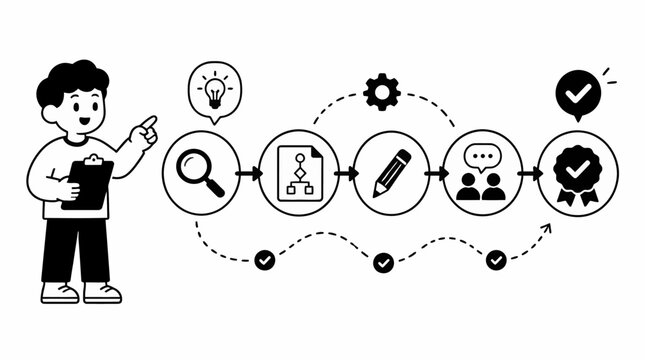Cartoon character presenting a process workflow diagram.