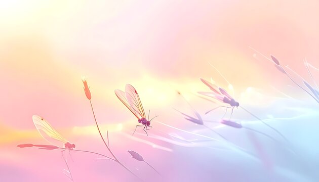 A serene illustration of dragonflies and flowers against a vibrant gradient background