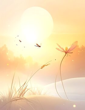 A serene landscape with a dragonfly, sunset, and grassy hill