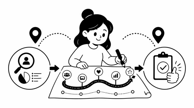 Woman drawing a mind map with icons and connections.