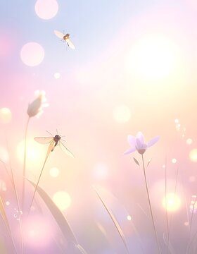 A serene scene of dragonflies flying over flowers