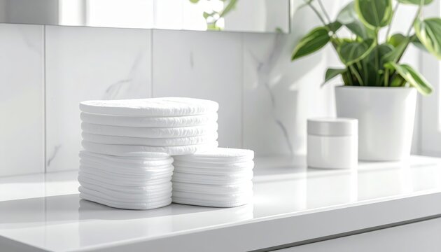 White plates and plant on countertop.