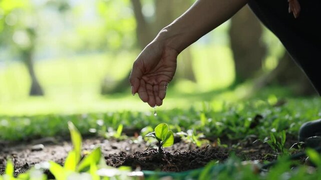 Close-up of a human hand watering a newly planted tree seedling growing in fertile soil. Concept of sustainability, environmental conservation, reforestation, climate action, eco-friendly living, and 