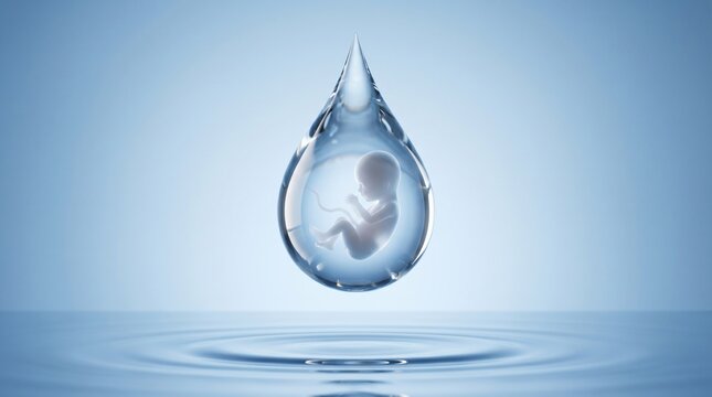 Human fetus floating inside a transparent water droplet above a ripple surface representing the fragile beginning of life