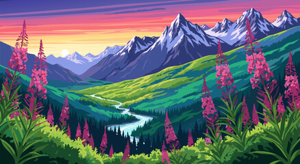 Vibrant Mountain Valley Landscape Illustration Vector Design Featuring Wildflowers at Sunset Scenic View for Nature Artwork Graphics © Purnomo Semlirick