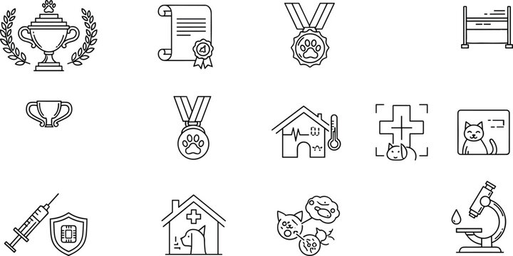 Veterinary Medicine and Pet Competition Icon Set with Trophy, Medal, Clinic, Syringe, Microscope, and Certificate Elements for Animal Graphic Designs