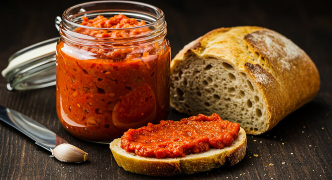 Traditional Homemade Ajvar Spread on Bread Slices