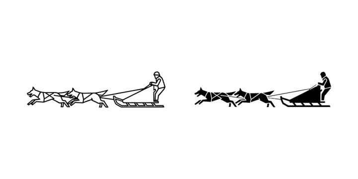 Dog sledding mushing team icon set with sledding adventure recreation activity transport silhouette illustration minimalist wintertime