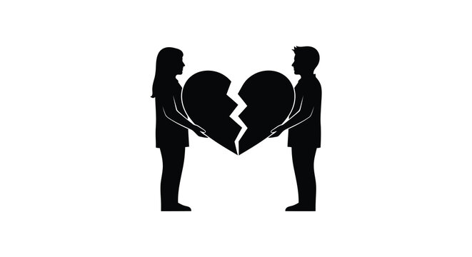 Couple holding broken heart halves in a black silhouette