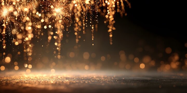 Golden fireworks exploding against dark background with sparkling bokeh lights