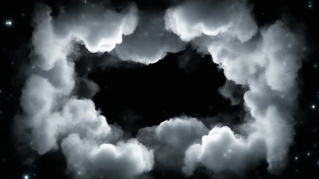 A dramatic frame of puffy white clouds surrounding a dark empty center, accented by shimmering, magical stars in a deep black space.