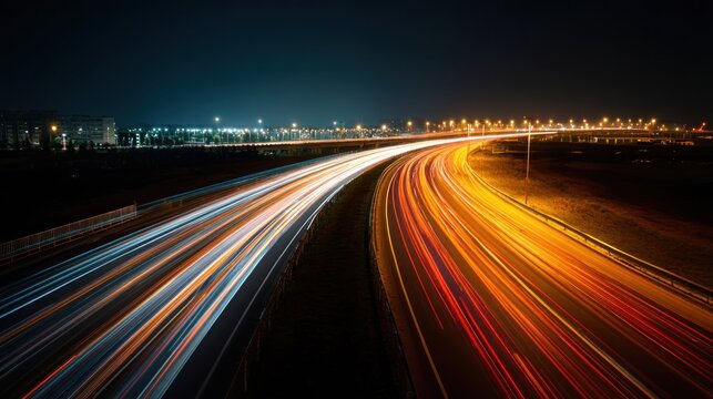 Highway light trails. Red/white lines blur, city lights background. Night scene