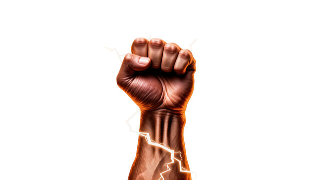 Powerful clenched fist with lightning energy, isolated on transparent background