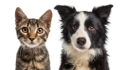 Fototapeta premium Tabby kitten and border collie dog faces side by side, isolated on transparent background