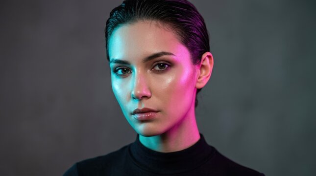 Close-up portrait of a young woman with wet hair, illuminated by futuristic neon pink and blue lights, looking seriously at the camera on a dark gray background
