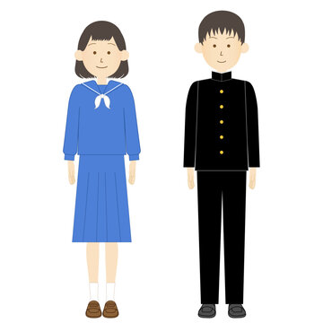セーラー服や学生服などの制服を着た10代の女の子と男の子_全身イラスト