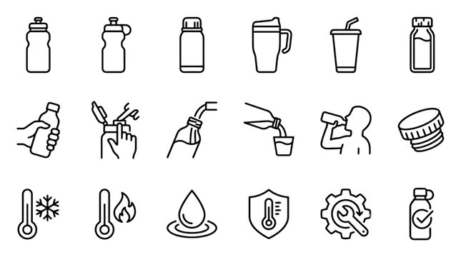 Thermos and travel mug line icon set. Tumbler, flip lid, straw spout, lock cap, dishwasher safe vector illustrations. Simple outline signs for beverage containers. 48x48 Pixel Perfect. Editable Stroke