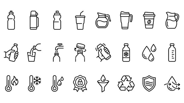 Thermos and travel mug line icon set. Tumbler, flip lid, straw spout, lock cap, dishwasher safe vector illustrations. Simple outline signs for beverage containers. 48x48 Pixel Perfect. Editable Stroke