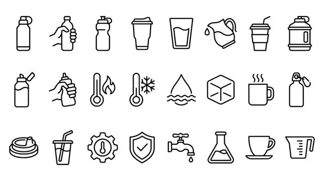 Thermos and travel mug line icon set. Tumbler, flip lid, straw spout, lock cap, dishwasher safe vector illustrations. Simple outline signs for beverage containers. 48x48 Pixel Perfect. Editable Stroke