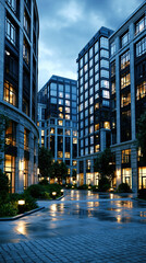 Fototapeta premium Modern Glass Office Building at Dusk AI Generative