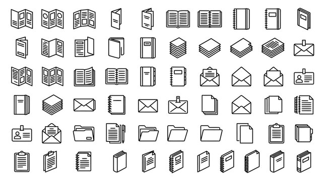 Book, print collateral line icons set. Brochure, catalog, flyer, envelope, letterhead flat minimal vector illustrations. Simple outline signs for publishing house. 48x48 Pixel Perfect Editable Stroke 