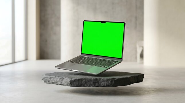 Laptop floating above raw stone block in minimal studio environment with computer floating pedestal technology template minimalist workspace advertisement background professional business