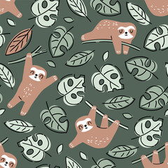 Fototapeta premium Hand drawn seamless vector pattern with cute sloths and tropical palm leaves. Perfect for textile, wallpaper or print design.